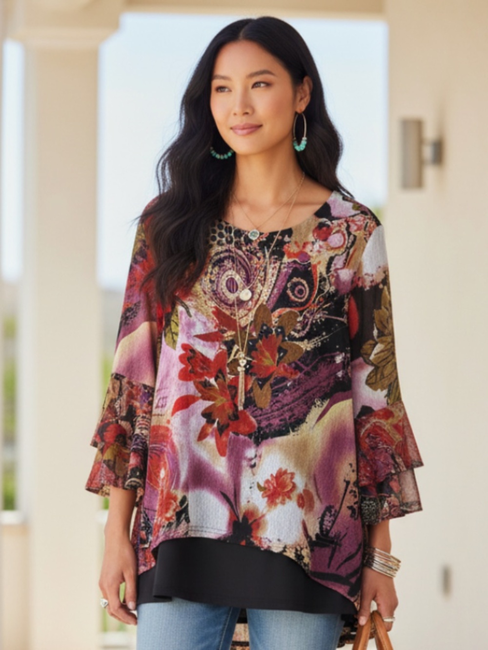 Calessa Tunic Top Shirt Sz 1X 16 18  Floral Boho Festival Art to Wear Black Pink